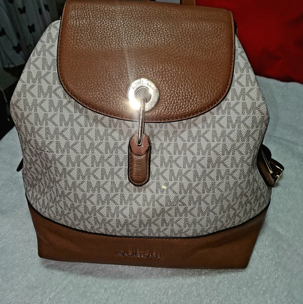 Michael Kors Brown and Beige Logo Canvas Drawstring Backpack with Leather Trim - Picture 1 of 4